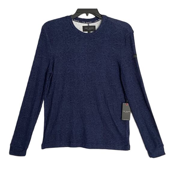 Ted Baker London T-Shirt Men's Small Ribbed Crew Neck Long Slv Navy Heather NEW - Picture 2 of 11